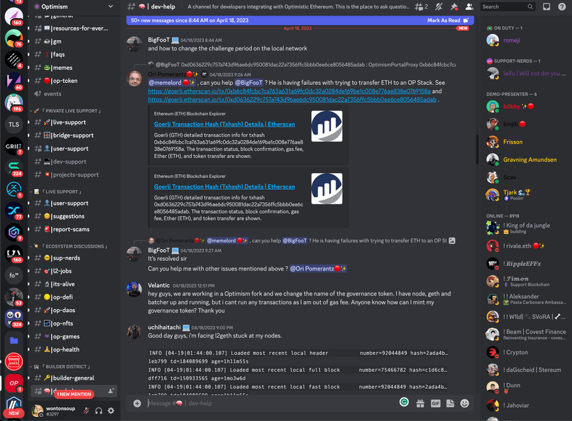 A screenshot of Optimism's discord server