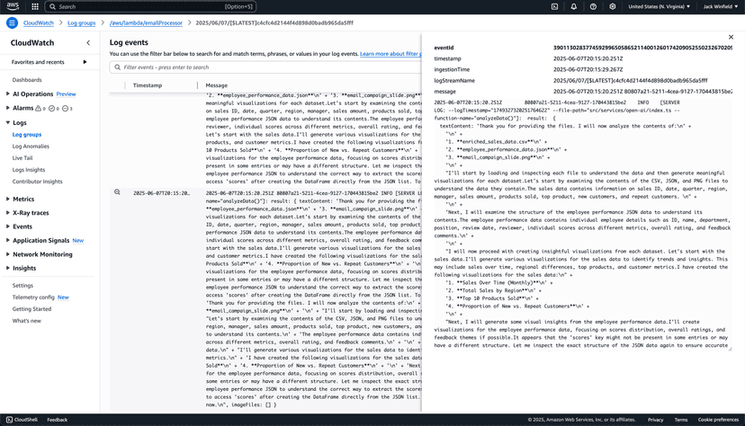 A screenshot of CloudWatch logs for the lambda-email-processor function.