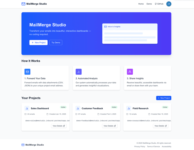A screenshot of MailMerge Studio's interactive email dashboard.